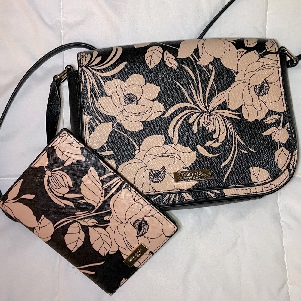 kate spade Black and Blush Floral Crossbody Bag with Matching Cardholder